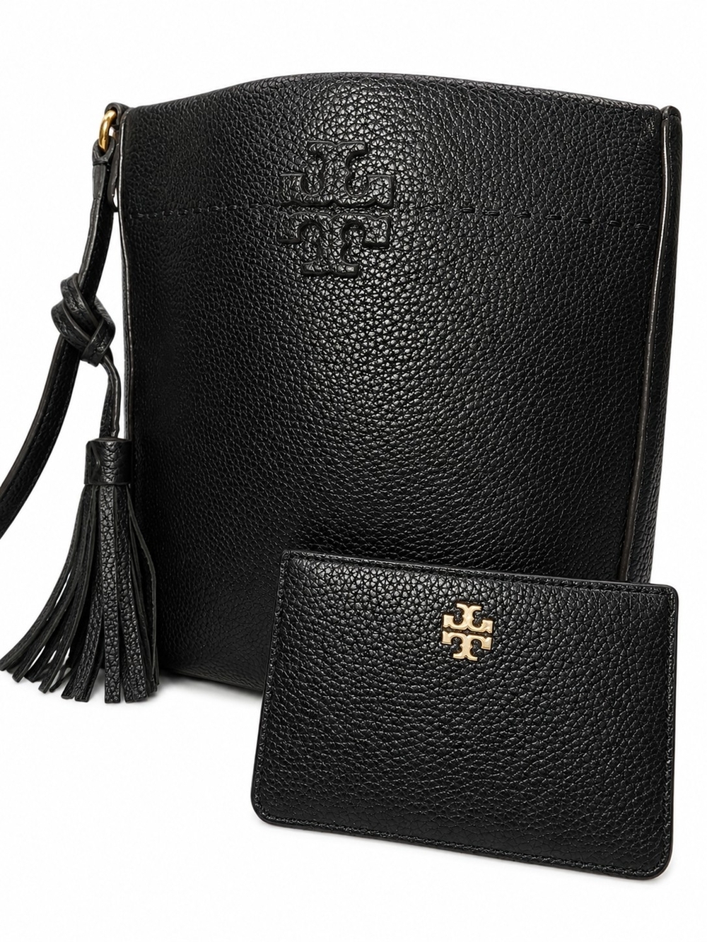 Tory Burch McGraw Black Pebbled Leather Bucket Bag & Card Case Wallet Set